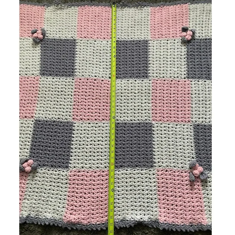 Vintage Hand Crochet knit Baby Blanket 42.5X42.5 color squares and flowers